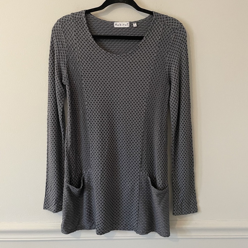 Habitat Textured‎ Long Sleeve Tunic Top Gray XS Pockets Lagenlook Artsy Stretch